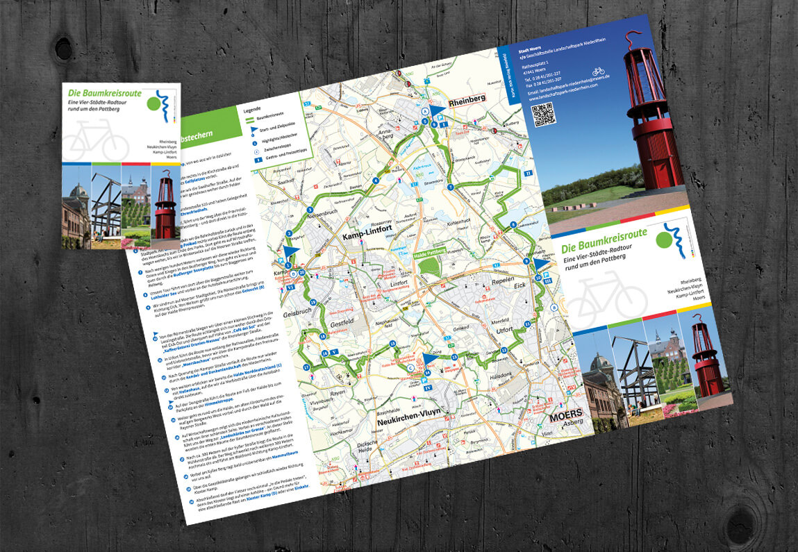 Gestaltung und Design eines Informationsfaltblatt Baumkreisroute des Landschaftspark Niederrhein, 16-seitig gefaltet