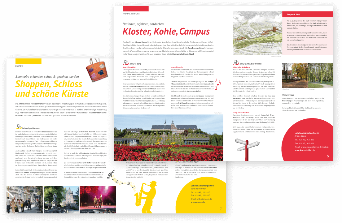 Gestaltung und Design einer Imagebroschüre für den Landschaftspark Niederrhein, 12-seitig im A4-Format sowie Ansicht der Innenseiten dieser