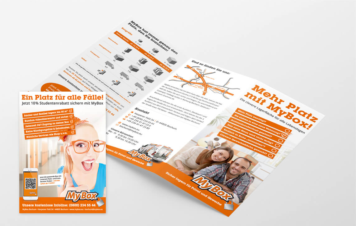 mediadesign linke Design für einen MyBox Flyer 2015 (Din Lang Hochformat, 6-seitig) und Anzeige im Format Din A6