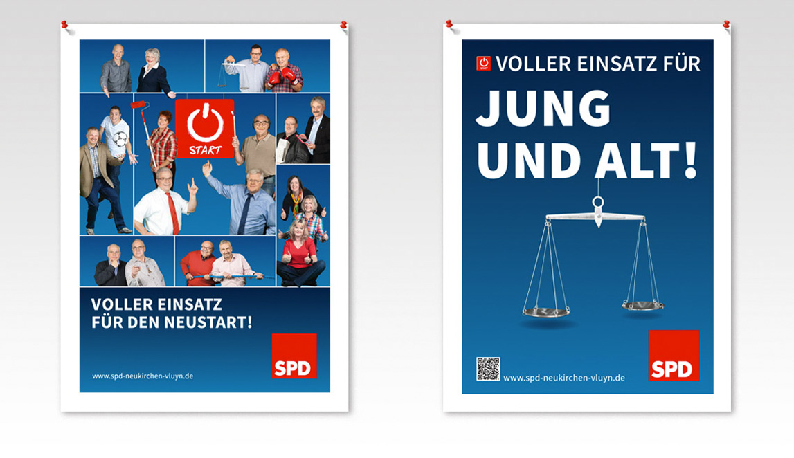 Plakatentwicklungen 2014 (Kandidatenplakate) SPD Neukirchen-Vluyn - Voller Einsatz für den Neustart - Voller Einsatz für Jung und Alt!