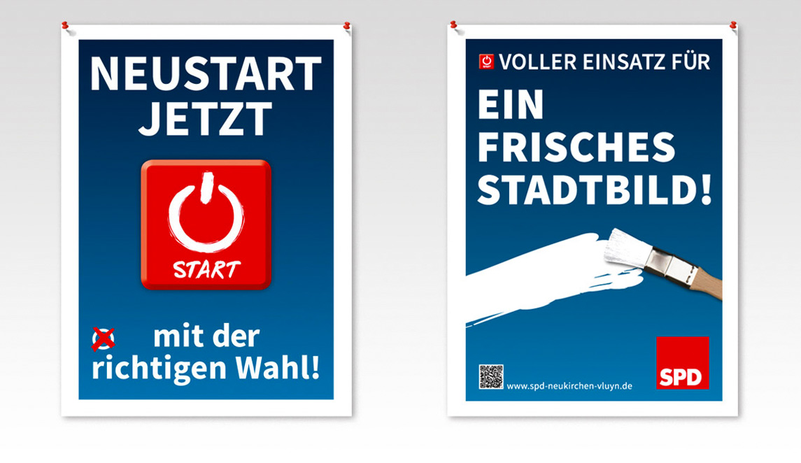 Plakatentwicklungen 2014 (Kandidatenplakate) SPD Neukirchen-Vluyn - Neustart Jetzt und Voller Einsatz für ein frisches Stadtbild