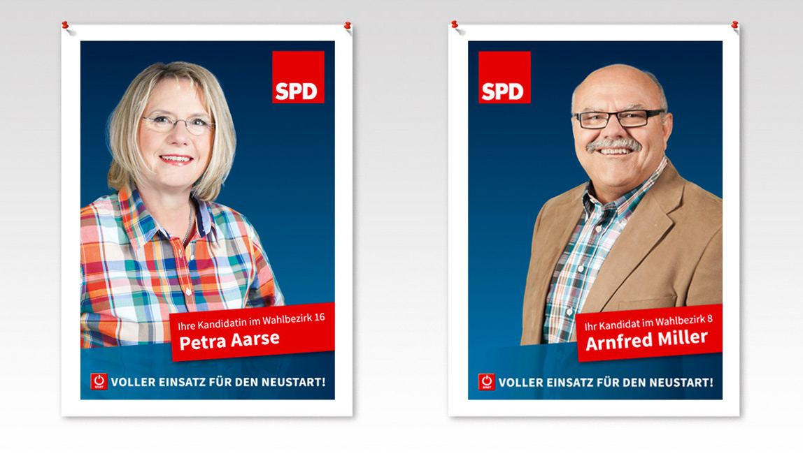 Plakatentwicklungen 2014 (Kandidatenplakate) SPD Neukirchen-Vluyn - Petra Aarse und Arnfred Miller - Voller Einsatz für den Neustart