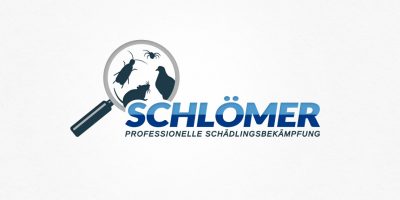 Logo Design | mediadesign linke Logoentwicklung Schlömer Schädlingsbekämpfung in Hagen: Logo mit Lupe und Schädlingen sowie dem Schriftzug Schlömer - Professionelle Schädlingsbekämpfung