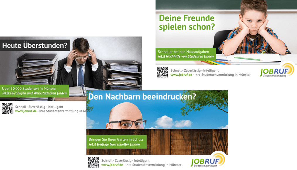 Portfolio mediadesign linke: Werbe-Grafiken und Printmedien für die Jobruf Studentenvermittlung Portfolio mediadesign linke: Werbe-Grafiken und Printmedien für die Jobruf Studentenvermittlung