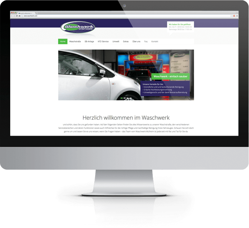 Webdesign aus Essen von mediadesign linke - Waschwerk Mülheim Portfolio Image mit der Ansicht eines Laptops und einem Iphone sowie Teilbereichen der neuen Website vom Waschwerk Mülheim auf dem Display, im Hintergrund sieht man leicht die Konturen des Geländes der Autowaschstraße Waschwerk Mülheim