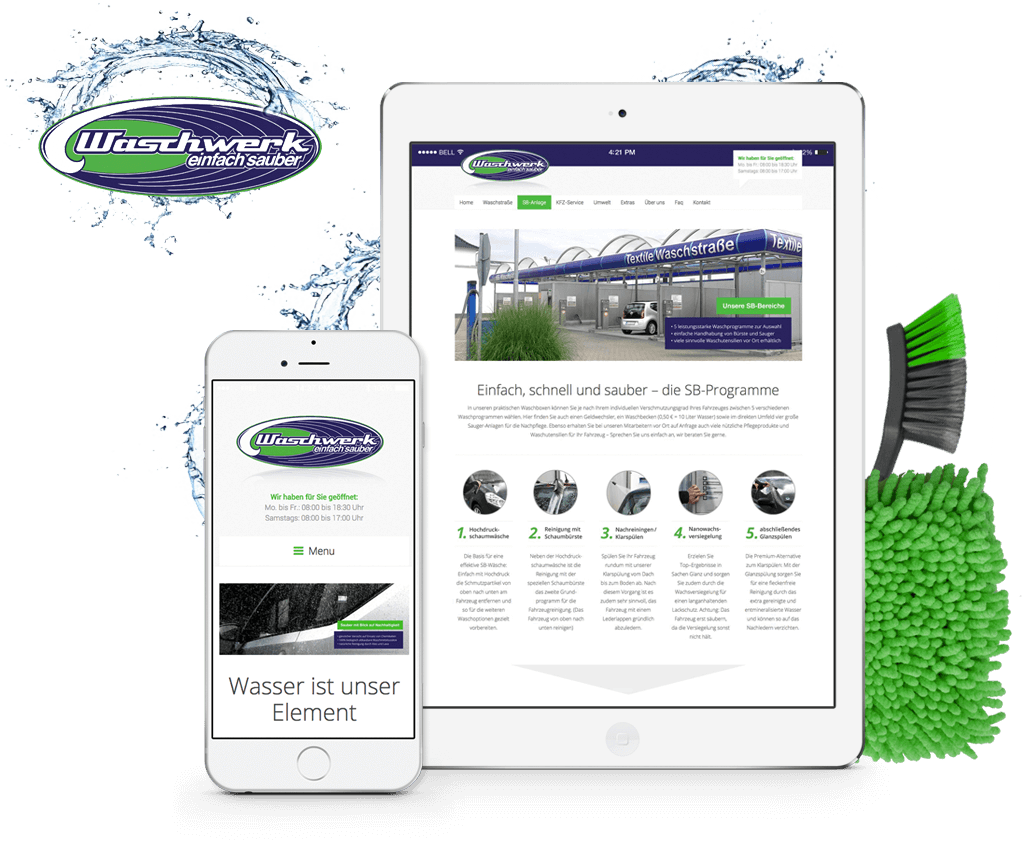 Ansicht eines Tablets und Smartphones mit der Webseite des Waschwerk Mülheim